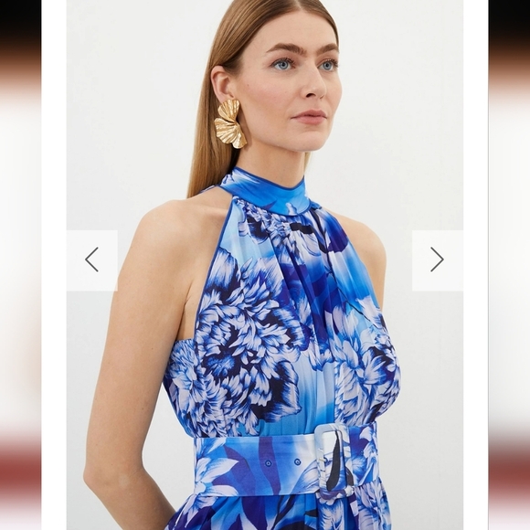 KAREN MILLEN Blue Floral Georgette Woven Halter Pleated Jumpsuit NWT sz. 4 - Picture 3 of 8